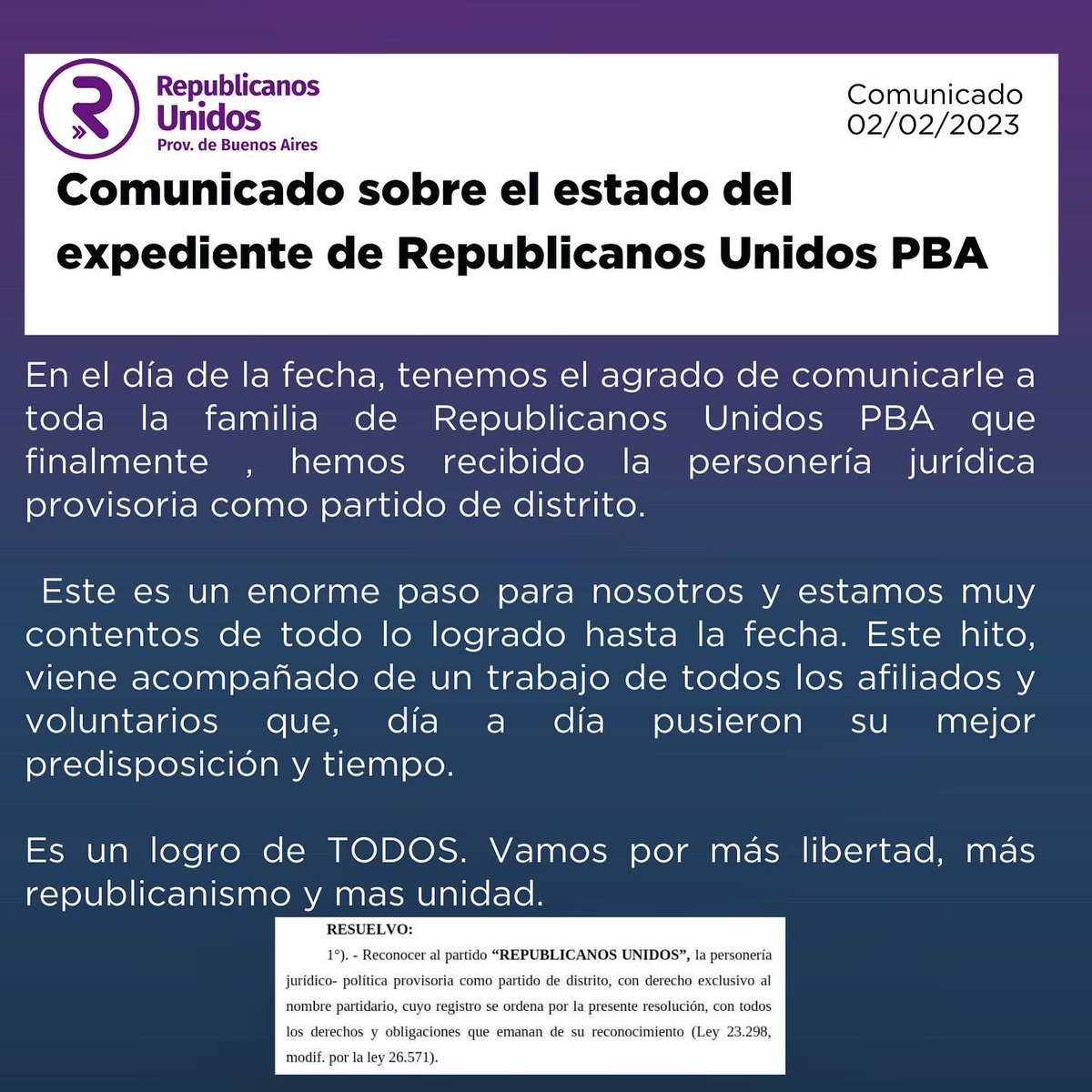 Comunicado para todos los integrantes y afiliados de Republicanos Unidos PBA.
¡Muy contentos de compartirlo con toda nuestra gran familia republicana!