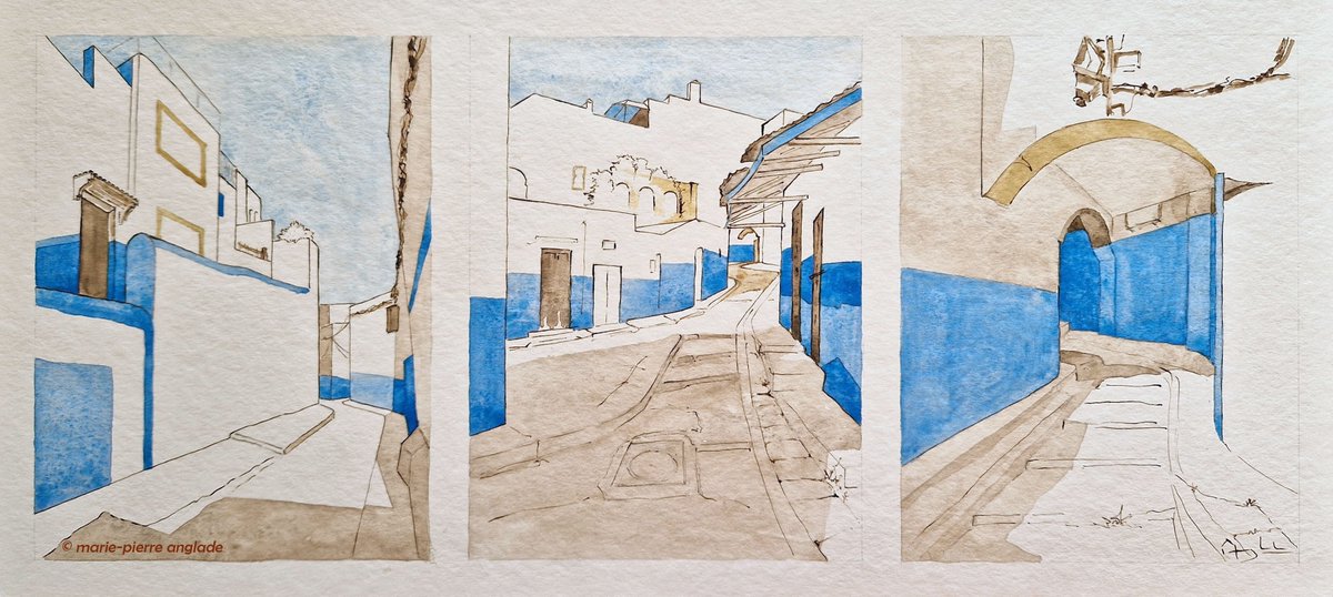 Ce jour-là, j'ai suivi le bleu jusqu'à la mer.
Il volait d'arcs outrepassés en portes, de virages en porches. 
Les Oudayas me hantent, Rabat me manque.
#watercolourpainting #ink #womenartists 
#paysageurbain #urbanlandscapes #Maroc