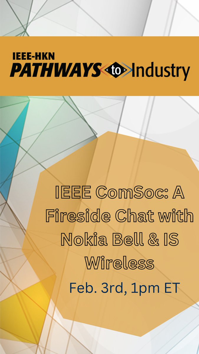 IEEE_EtaKappaNu's tweet photo. Let's learn from leaders from some of the world’s top communications organizations at our next #PathwaysToIndustry session "IEEE ComSoc: A Fireside Chat with Nokia Bell &amp; IS Wireless!" Starting at 1pm ET! https://t.co/AddvBYuDIr