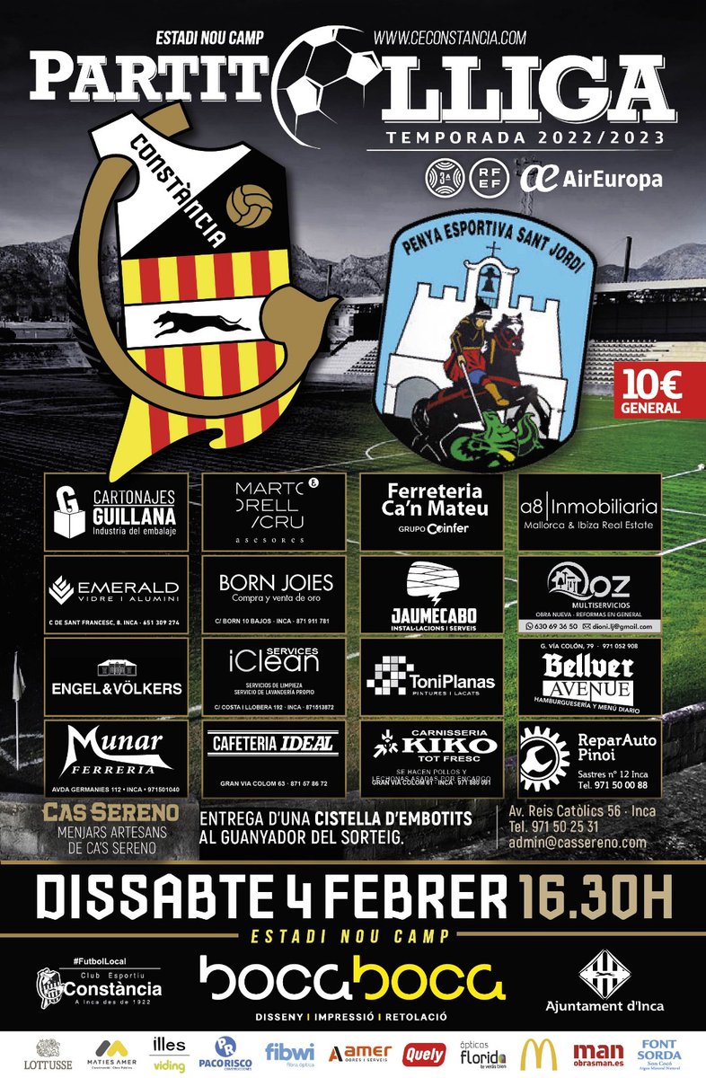🔜 Demà!!

📅 04 - 02 - 2023

⏰ 16.30

🏟️ <a href="/fibwi/">fibwi</a> Estadi Nou Camp d'Inca 

⚽ <a href="/CEConstancia/">CE Constància</a> 🆚 <a href="/pesantjordi/">PE Sant Jordi</a>

#ConstànciaiHonor #CentAnysEnBlanciNegre