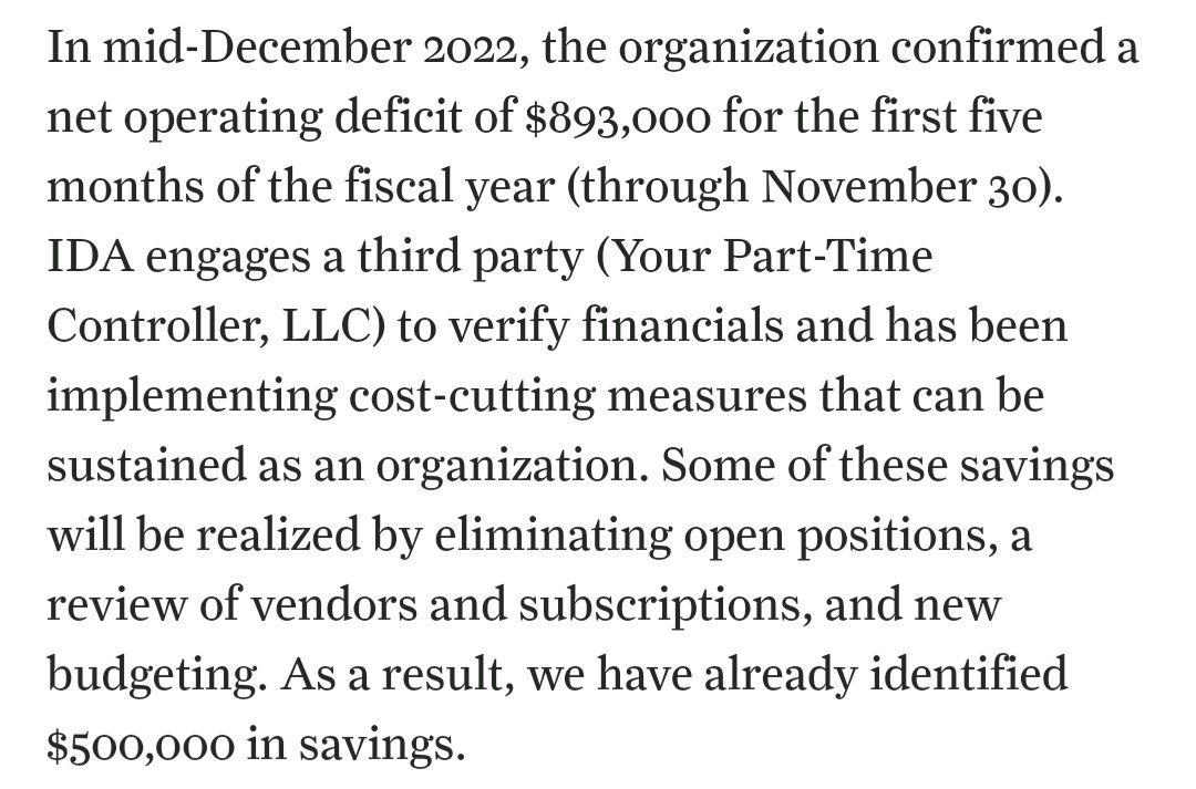 How did a thriving comfortably-in-the-green org like IDA run this large a deficit in a year?
I'll start. By hiring union-busting law firms and a litany unqualified contractors