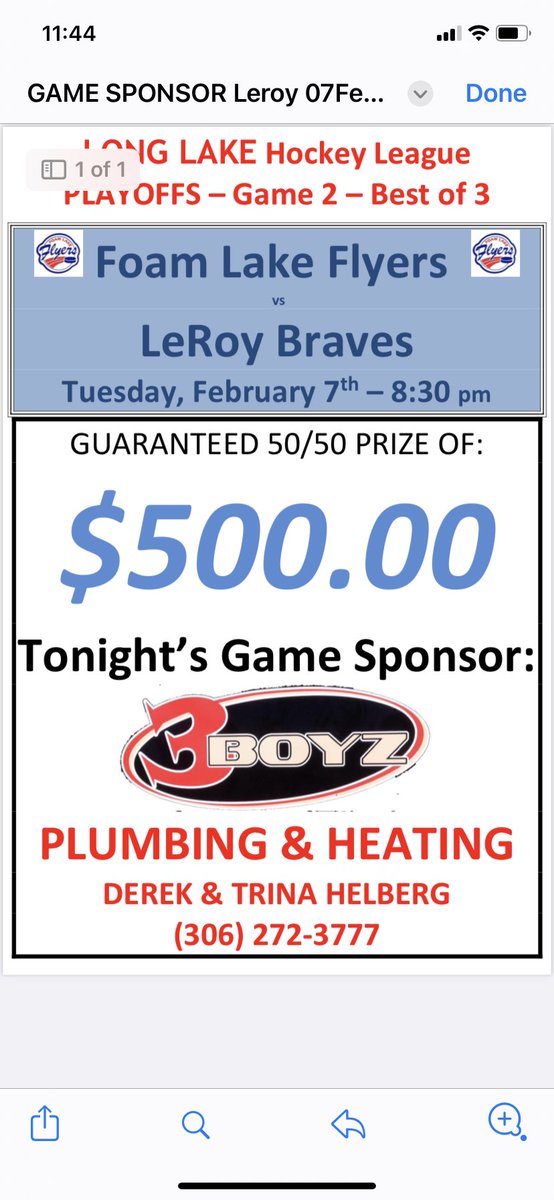 Tuesday’s playoff game sponsor is 3Boyz Plumbing &amp; Heating. The 50/50 is guaranteed at $500.00. Thanks to Derek &amp; Trina for their support all season long.