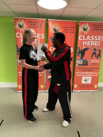 MaroonFist's tweet photo. Only three months into the craft, and first level unlocked. Congrats to Kim for being awarded her white belt in #kungfu. The #maroonfist way👊🏾. https://t.co/FzeYkMWrNF