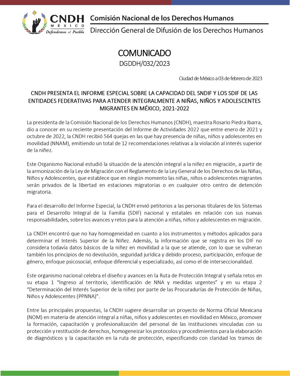CNDH's tweet photo. Presentamos el Informe Especial sobre la capacidad del #SNDIF y los #SDIF de las entidades federativas para atender integralmente a #Niñas, #Niños y #Adolescentes #Migrantes en #México, 2021-2022.
Consúltalo aquí 👉🏾 https://t.co/8yLEqev23N
#DefendemosAlPueblo https://t.co/fLbonKngfX