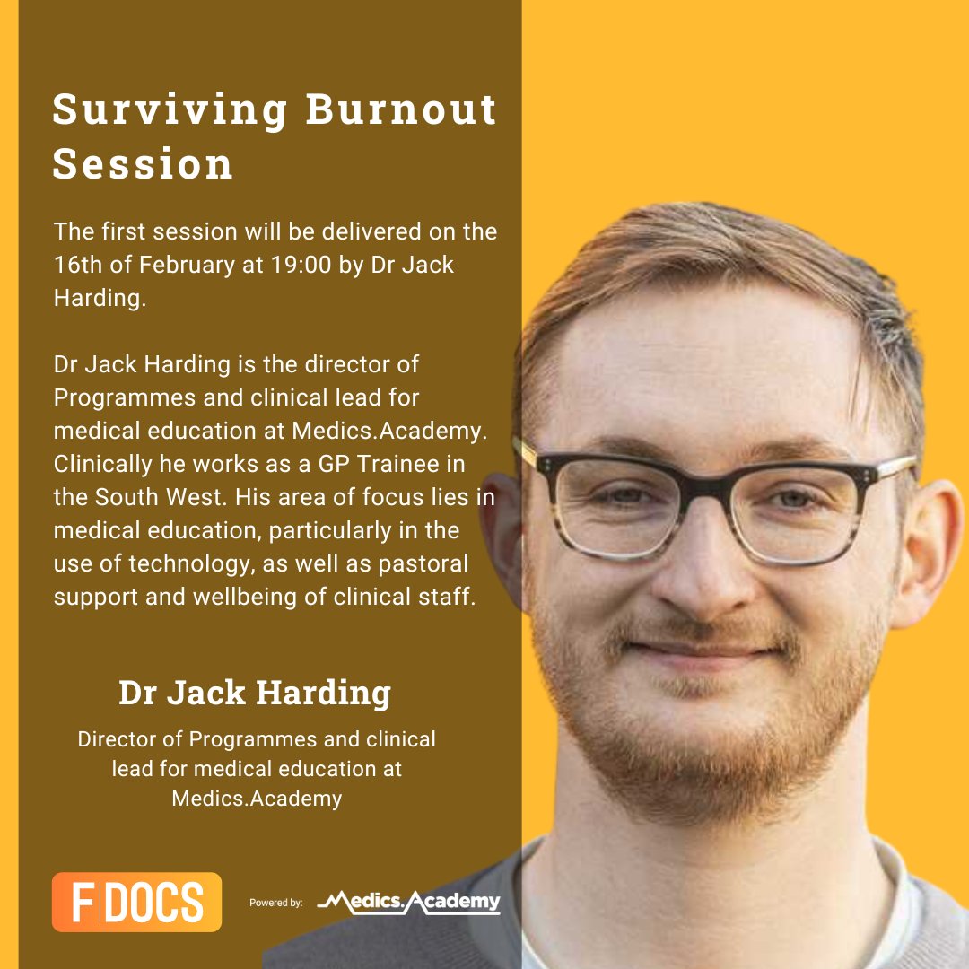 Our first virtual ‘Surviving Burnout’ session will be delivered on the 16th of February, 2023 via Zoom by Dr Jack Harding (@isitjackoralex)

Click here to register: ow.ly/5EAn50MFanS 

#fdocs #fdocsplus #clinicaleducation #burnout #foundation #doctor