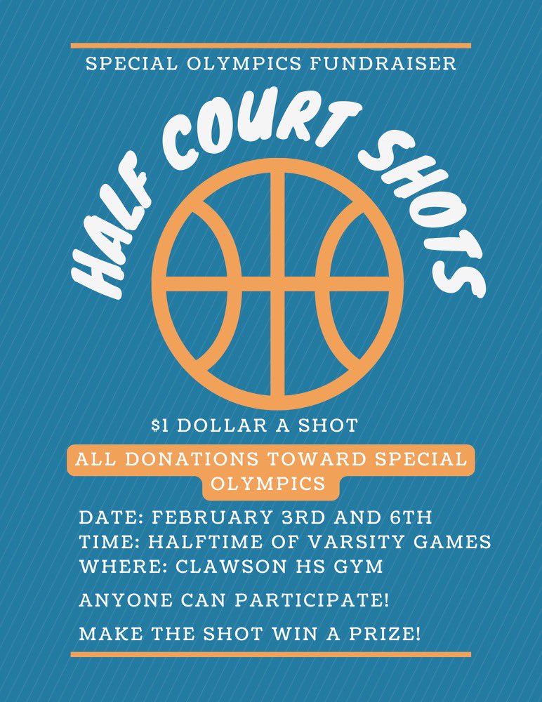 clawsonstuco22's tweet photo. The Trojan Athletic Club will be hosting a half-court shot competition during the varsity basketball games on February 3rd and 6th!  Each shot is $1 with all proceeds being donated to the Special Olympics! https://t.co/4gdnSEcNDC