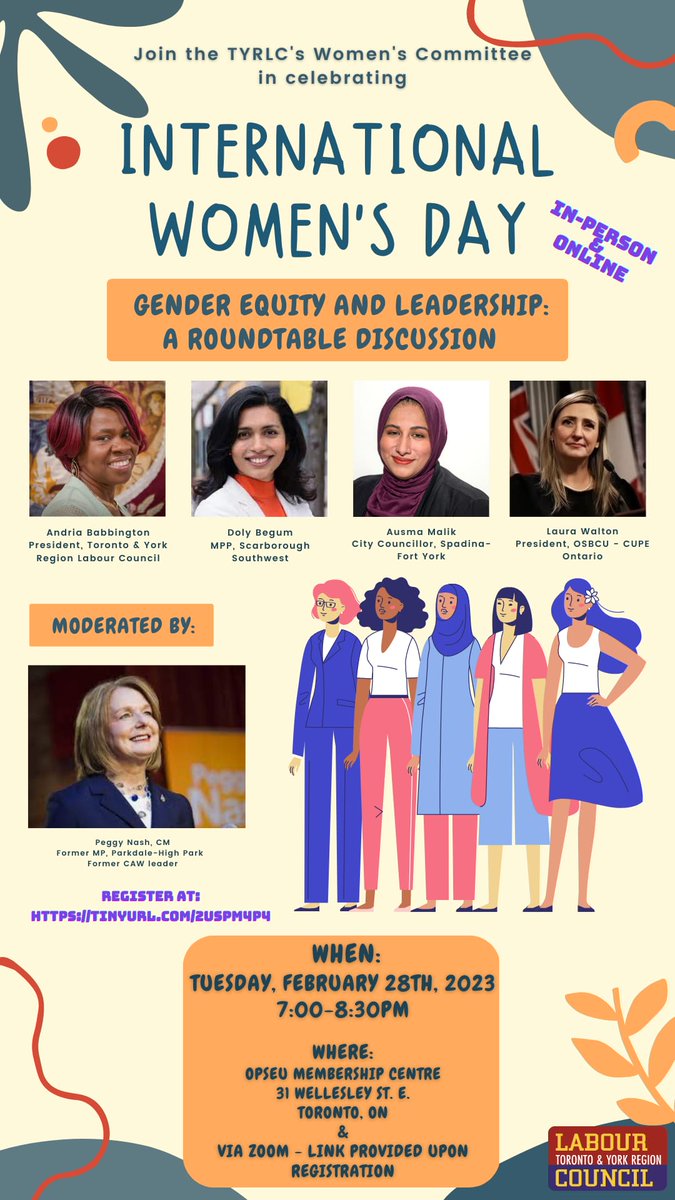 torontolabour's tweet photo. Join the #TYRLC Women's Committee in celebrating #IWD2023 w/ a powerful roundtable discussion on Gender Equity&Leadership! This event is both online&in-person. Don't miss out on hearing from #womenleaders in politics&labour!
⏰Tue, Feb 28, 7-8:30pm. RSVP: https://t.co/VKT19fvPqk https://t.co/z87iAG79xu