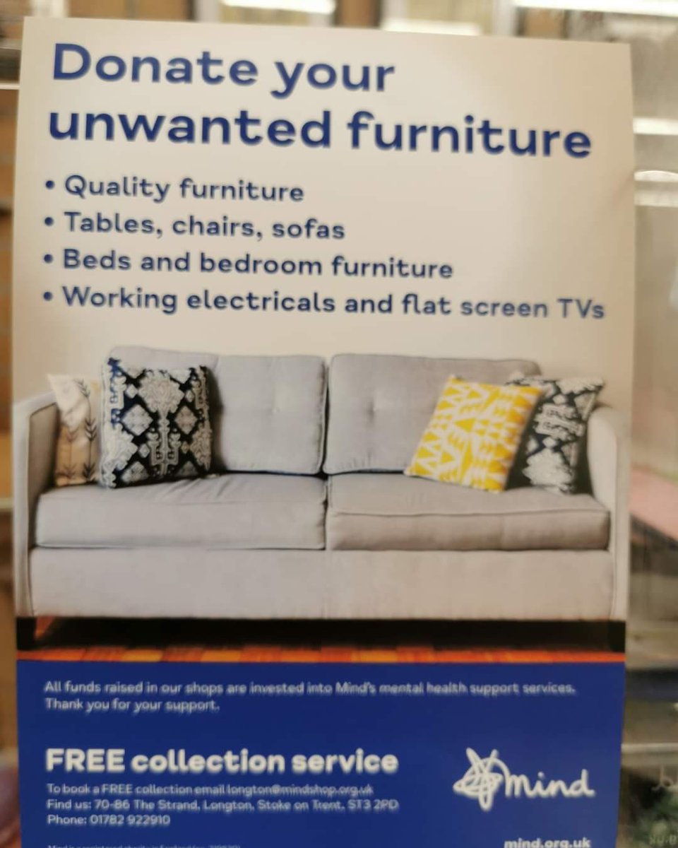 Having a new piece of furniture for the new year?! Donate to us your pre loved items so we can sell it on to raise vital funds to help in the fight against mental health issues! Call us on 01782 922910! #longtonmindshop #preloved #furniture #donations #mymindshop