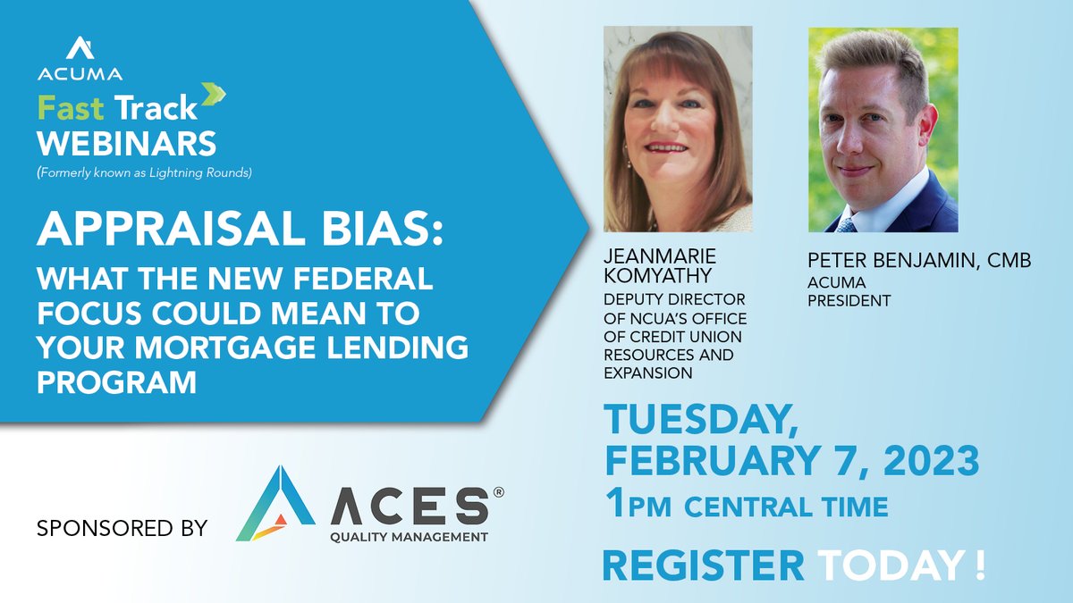 Have you heard from borrowers about appraisal bias? If so, you don't want to miss our next FastTrackWebinar where we discuss and provide reforms that may be under consideration. Sponsored by ACES Quality Management. Join us Tues. Feb. 7, 2023, @ 1 pm CST.  bit.ly/3kGhvbv