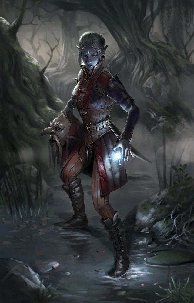 Digital illustration of a drow warlock stepping through a dark swampy landscape. In her right hand she is holding the head of a redcap,  n her left hand she is preparing a spell. 