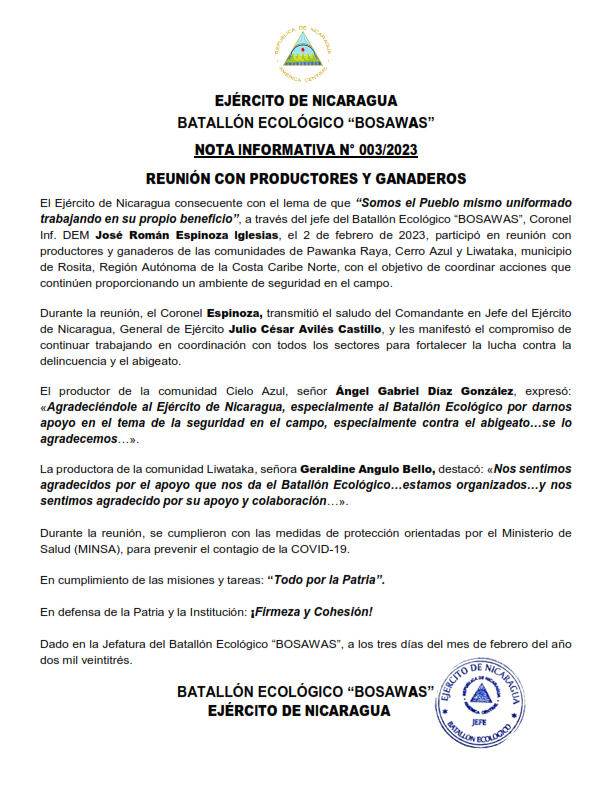 EjercitoNic's tweet photo. #NOTAINFORMATIVA | A través del Jefe del Batallón Ecológico #BOSAWAS”, se participó en reunión con productores y ganaderos del municipio de #Rosita, con el objetivo de coordinar acciones que continúen proporcionando un ambiente de seguridad en el campo. #TodoPorLaPatria https://t.co/SQSDMvgAUS