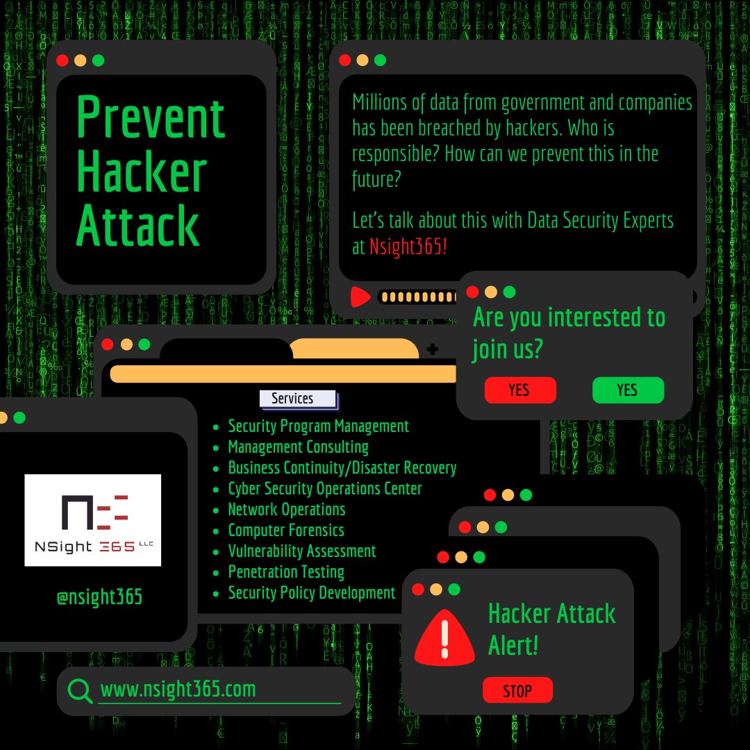 NSight365's tweet photo. Prevent a hacker from targeting you or your business today. We offer a variety of services from Security Program Management to Network Operations and Penetration Testing. Connect with us today to see how we can protect your data!
(Link in bio)
.
.
.
#Hacker #Phishing #CyberCrime https://t.co/Nrjqk1Ol7W