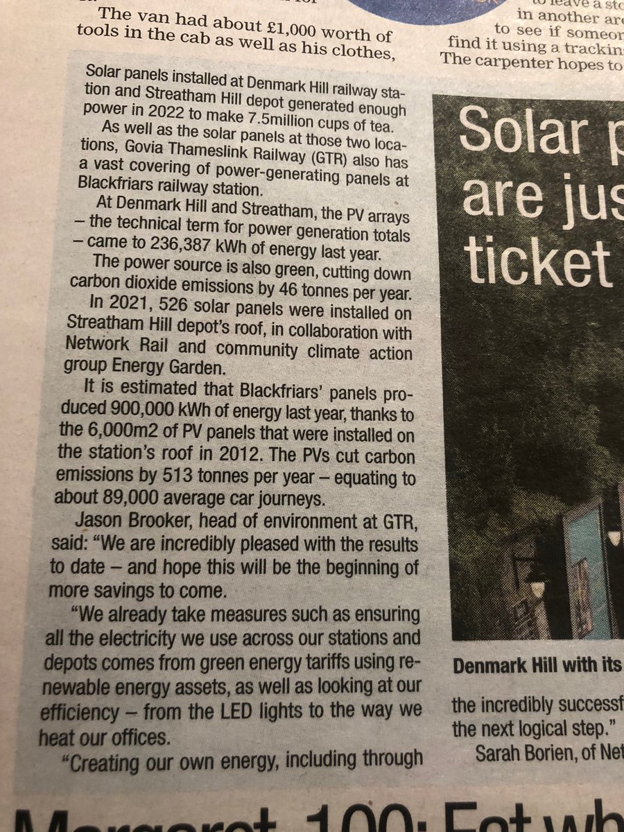 Great to see #DenmarkHill train station 🚉 in @SthLondonPress highlighting the #RenewableEnergy it’s generating through a network of #SolarPanels.

#climate #energy #renewables