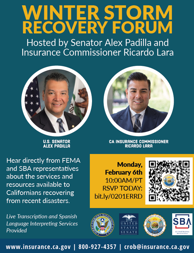 MONDAY, 2/6: Join @SenAlexPadilla and @ICRicardoLara for a Winter Storm Recovery Forum. Hear directly from @fema & @SBAgov representatives about services & resources available to Californians recovering from the recent storms. REGISTER: bit.ly/0201ERRD