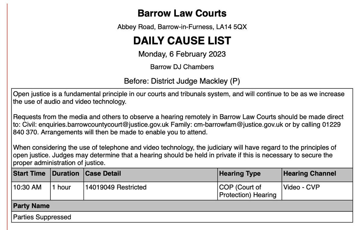 OpenJusticeCoP's tweet photo. Hidden hearing in Barrow Law Courts on Monday 6th February 2023.

This should have been in the COP list but it isn't (it's in the Daily Cause list for Barrow under "DJ Chambers"

@HMCTSgovuk please can you sort this out with Barrow for the future. https://t.co/A4TUTdiC9d