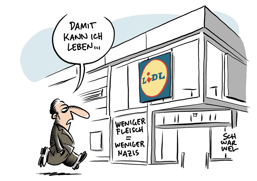 TSchwarwel's tweet photo. „Schritt ist „alternativlos“:
Lidl will künftig weniger Fleisch verkaufen – aus Klimaschutzgründen“
#lidlboykott #lidl #klimaschutz #schwarwel https://t.co/jiBpIePuIF