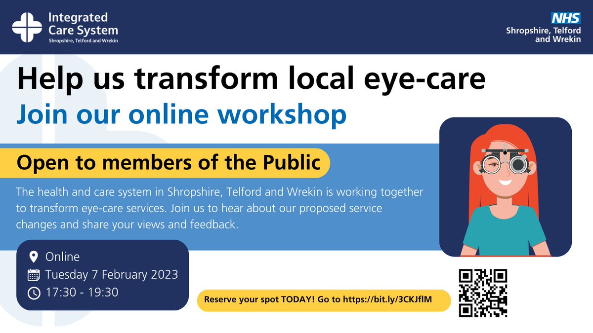 Have your say on local eye care! 👁️ Join our local Eye-care Transformation Team to hear about proposals for future #EyeCare services and share your views and feedback.

When: 7 February from 17:30 to 19:30
Where: Online via MS Teams
Register now ➡️ bit.ly/3CKJflM

#NHS