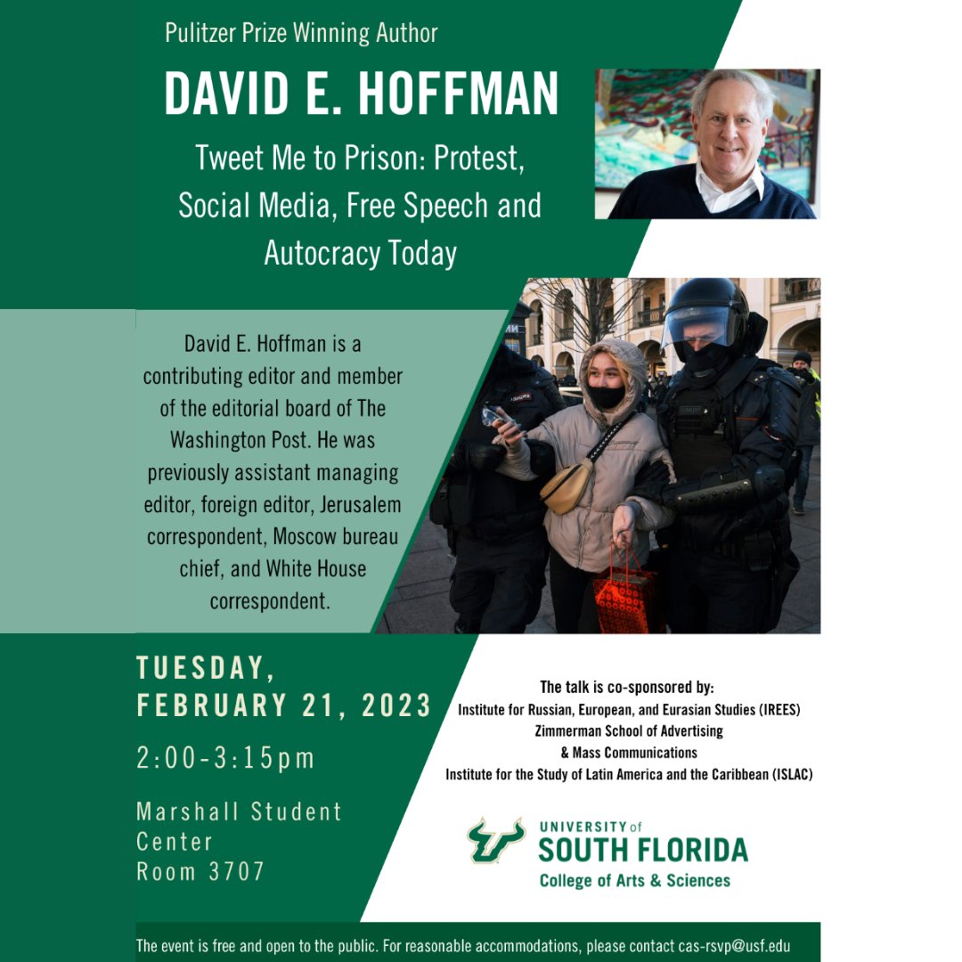 The Zimmerman School is co-sponsoring an event featuring Pulitzer Prize winner David Hoffman on Tuesday, February 21, 2:00-3:15 p.m. in the USF Marshall Student Center, Room 3707. Please mark your calendars if available! #usfzschool #PulitzerPrize  #davidhoffman #joinus