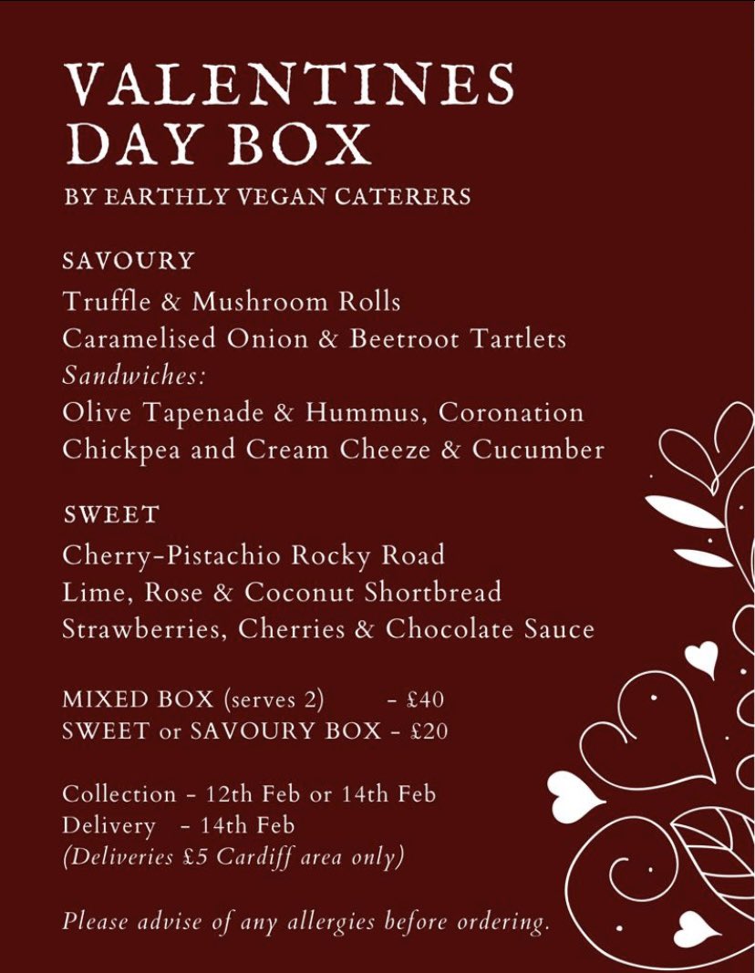 EarthlyCaterers's tweet photo. Availability for Valentines Day only. Picture from last yearโs box for illustration.
#valentines #plantbased #cardiff #CARDIFF #cardiffvegans #afternoontea #goodfood #love https://t.co/hH9l7pmuTP