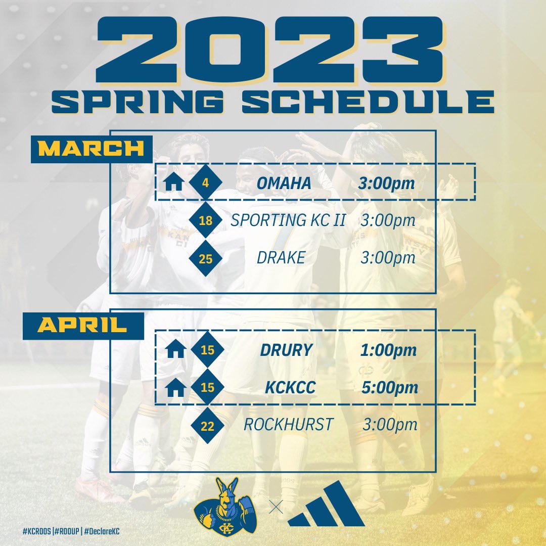 𝟮𝟬𝟮𝟯 𝗦𝗽𝗿𝗶𝗻𝗴 Schedule 𝗢𝗨𝗧 Now! 

Mark your calendars 📆 🤘⚽️

#KCROOS #ROOUP