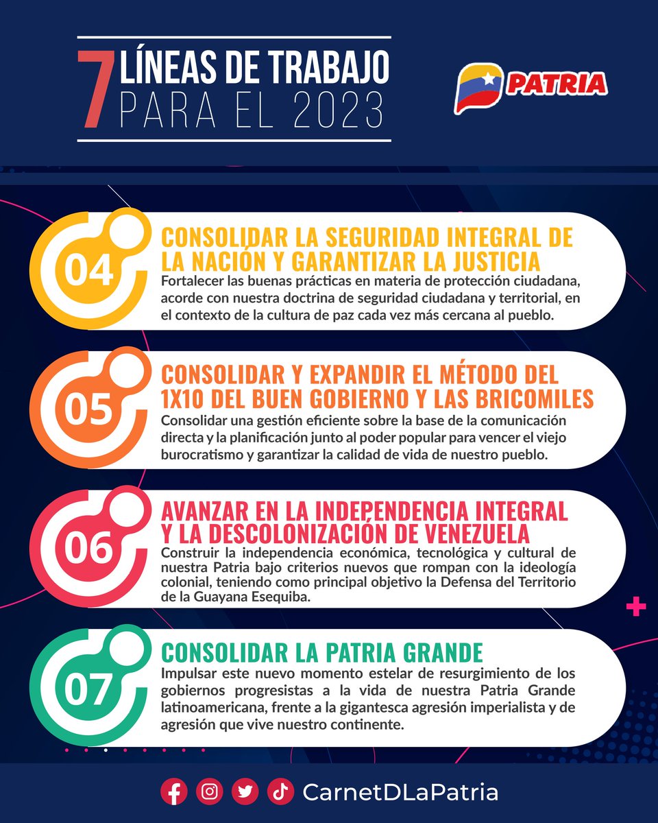 CarnetDLaPatria's tweet photo. #IMPORTANTE El #CarnetDeLaPatria y el #SistemaPatria, te compartimos las 7 Líneas de Trabajo en la Calle junto al Pueblo, instruidas por nuestro Presidente @NicolasMaduro para el año 2023.
¡Vamos es pa' lante!

#SucreHombreSur #3Feb https://t.co/sp4mq3wJfa