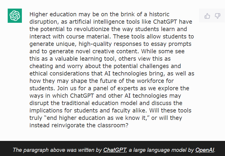 gdearc2's tweet photo. ChapGPT discussing ChatGPT consequences on hugher education (reported by a university website). Food for thoughts https://t.co/MBZjTh82Zf