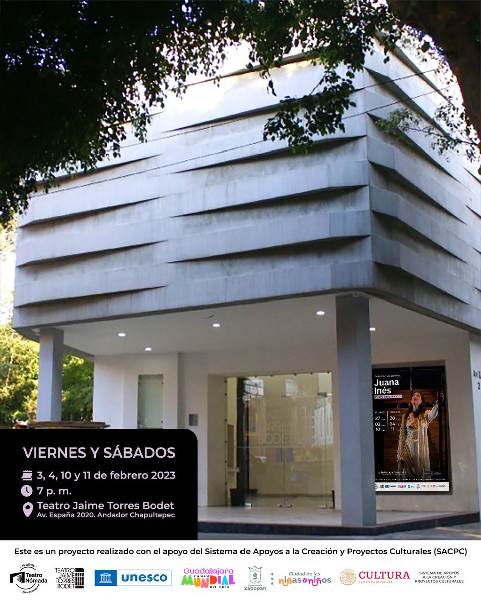Hoy tenemos función de Juana Inés 💜

🗓 3, 4, 10 y 11 de febrero 2023
⏰ 7 p.m.
📍Teatro Jaime Torres Bodet

🎟 <a href="/voyalteatrocom/">VOY AL TEATRO</a>  y taquilla 6 p.m. 

“Este es un proyecto realizado con el apoyo del Sistema de Apoyos a la Creación y Proyectos Culturales (SACPC).” <a href="/SistemaCreacion/">Sistema de Apoyos a la Creación</a>