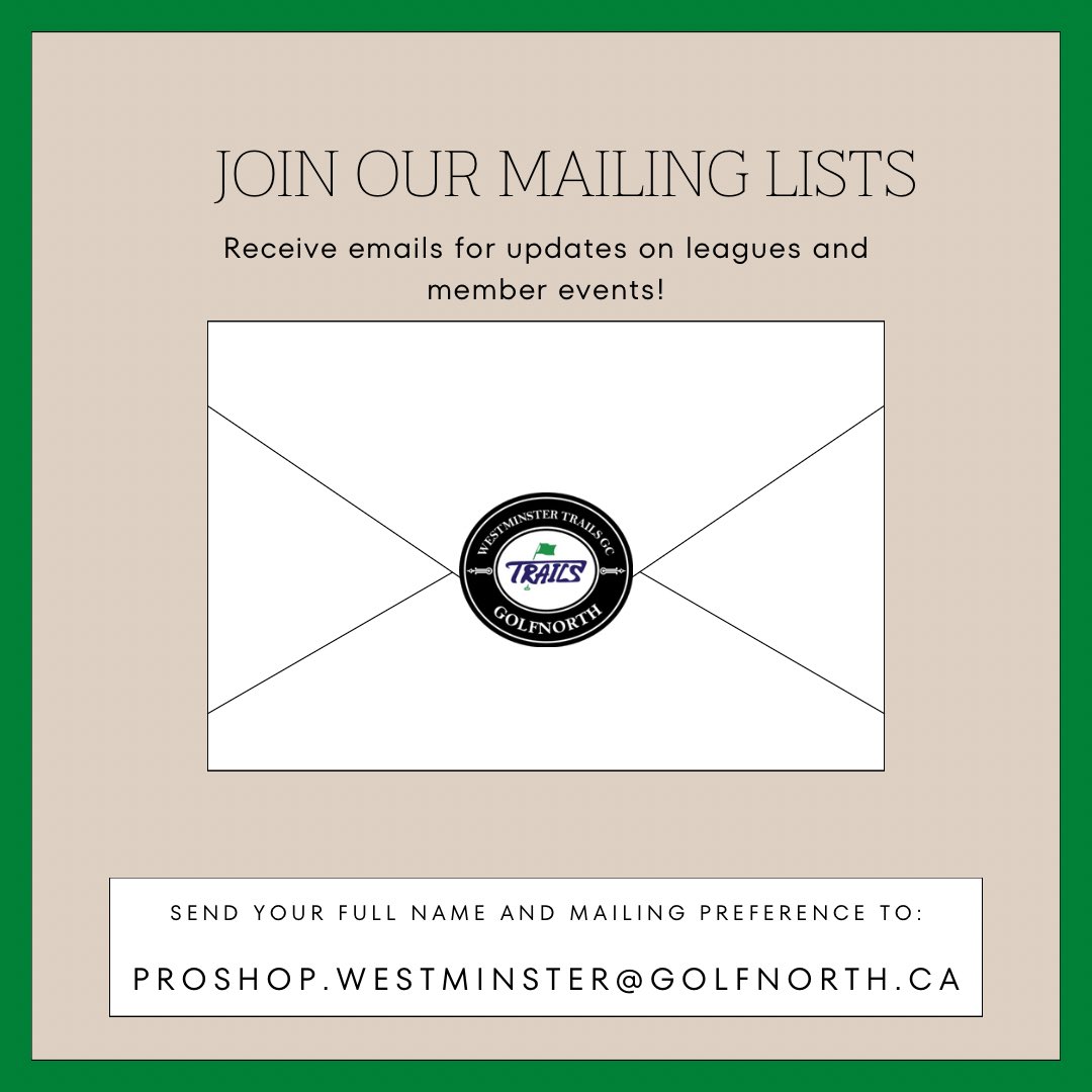 trails_golf's tweet photo. If you are a member and/or wish to join one of our leagues this season, please sign up for our associated email lists!

Send your full name and if you’d like to sign up for ladies, men’s, seniors, and/or memberships to proshop.westminster@golfnorth.ca https://t.co/gOWc1NWlBX