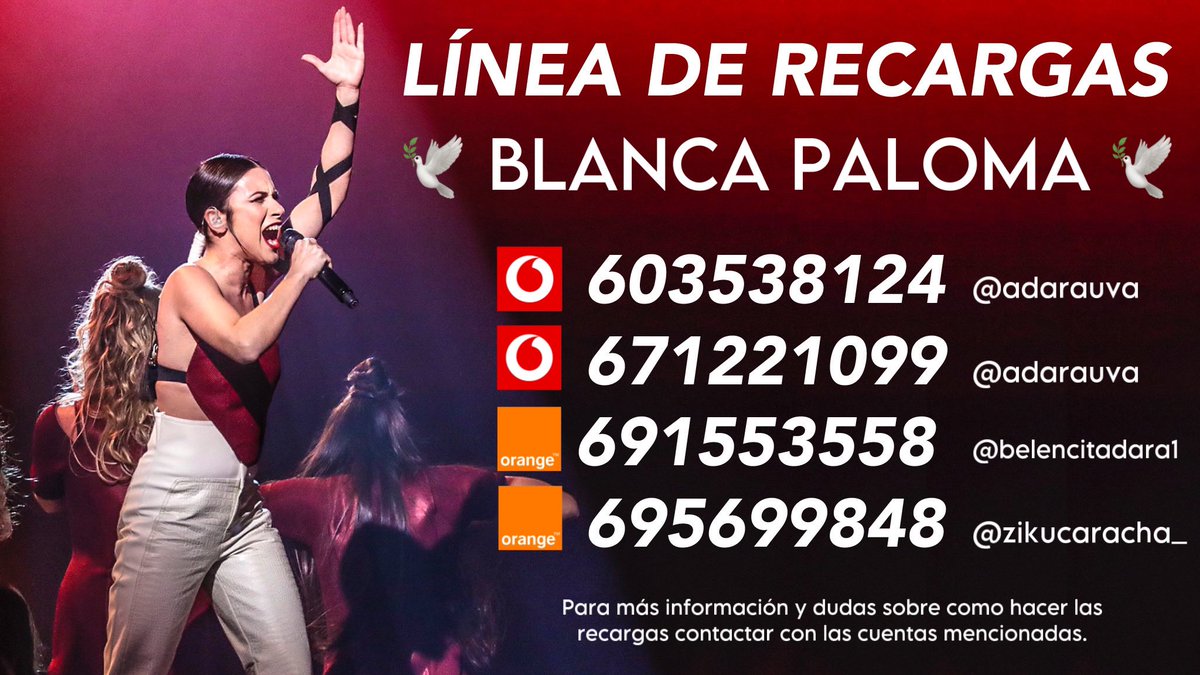 pachidermi's tweet photo. EA EA 🕊️🏹 Estas son las LÍNEAS DE RECARGAS para hacer mañana GANADORA a Blanca Paloma. Puedes ayudar a que Blanca gane el Benidorm Fest hablando por privado a @adarauva @Belencitadara1 @zikucaracha_ y DIFUNDE 🏆🕊️ https://t.co/Cq2UVPBuOJ