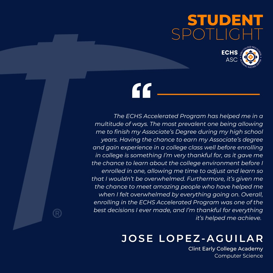 ✨Student Spotlight✨

Meet Jose Lopez-Aguilar, a shining star at Clint Early College Academy and UTEP. This ECHS student is not only excelling in computer science, but also shining as a gifted writer and mentor to underclassmen. Keep reaching for the stars, Jose! #earlycollege