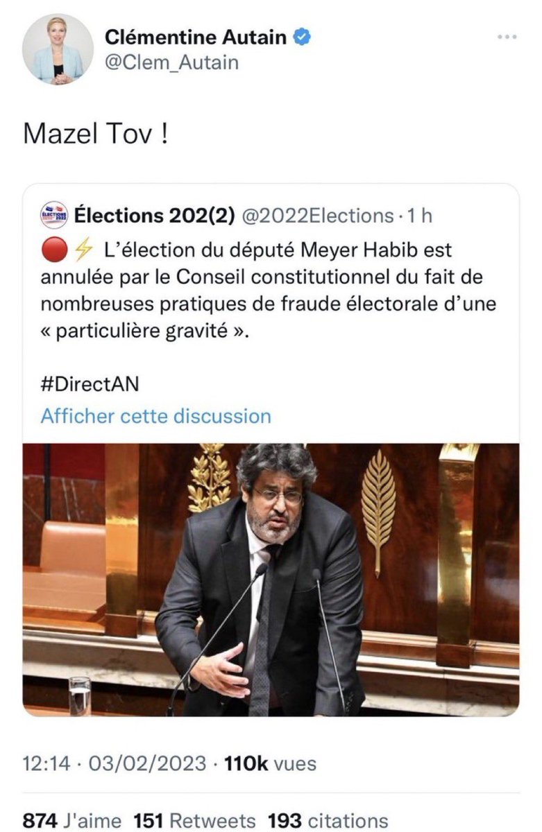 tcabarrus's tweet photo. Le tweet de #ClemAutain ("Mazel Tov") a été si mal reçu par les twittos que, devant le tollé général et les accusations d'#antisemitisme,  la députée #LFI a préféré le retirer https://t.co/54OFNCJCFX