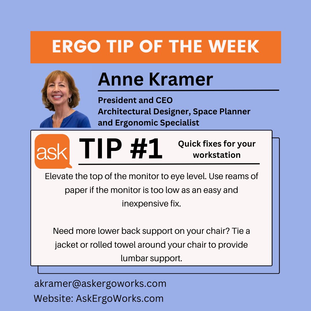 askergoworks's tweet photo. Happy to introduce our Ergo Tip of the week segment!
Here we have members of our team give you quick easy tips to help you have a better and more ergonomic work station. https://t.co/iRaV9GrBxG