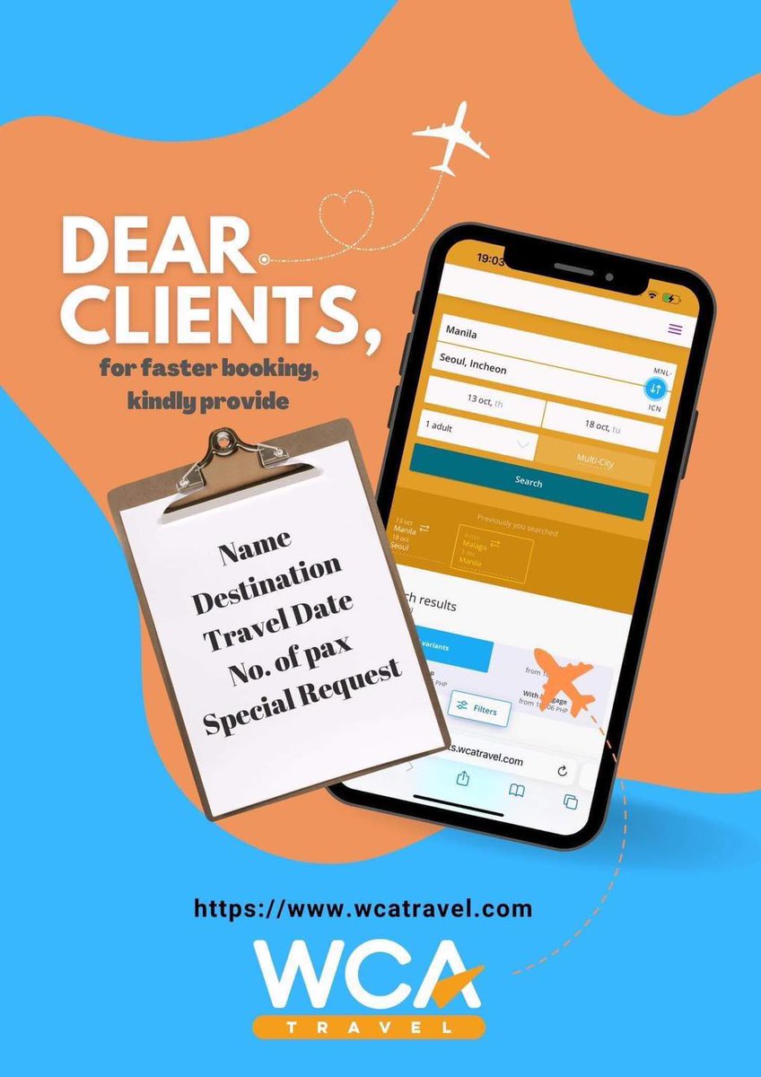 Waanderventure's tweet image. To our dear clients, please send the following for faster booking. 👇👇

✅ Name
✅ Destination
✅ Travel Date
✅  No. of Pax
✅  Other request if there’s any

#WCATravelAndTours #TravelBuddy #TravelBusiness