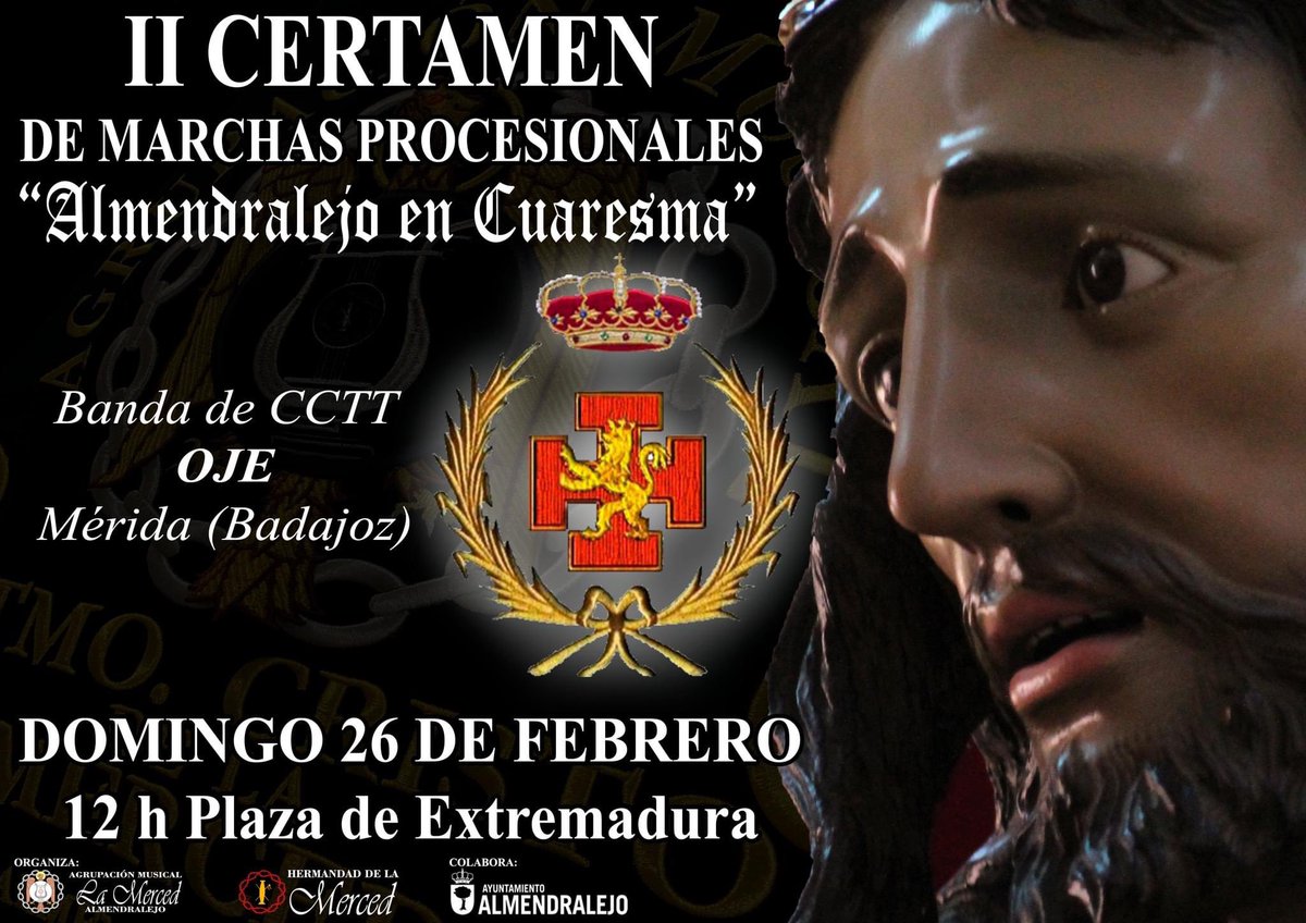 AMlaMerced's tweet photo. 🎺🥁 II Certamen de Marchas
Procesionales "Almendralejo en Cuaresma" 🎺🥁

🎶 Tercera formación que nos acompaña: @OJEMerida 

📆 26 de febrero 🕛12.00 📍 Plaza de Extremadura de
Almendralejo

#AMlaMerced #SuenaLaMerced https://t.co/2LphzR8qsR