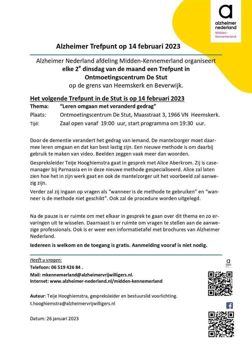 Op 14 februari is er weer een Alzheimer Trefpunt in ontmoetingscentrum de Stut (grens Heemskerk/Beverwijk. Het thema is: ‘veranderd gedrag’. Iedereen is van harte welkom! #alzheimer #dementie #alzheimernederland