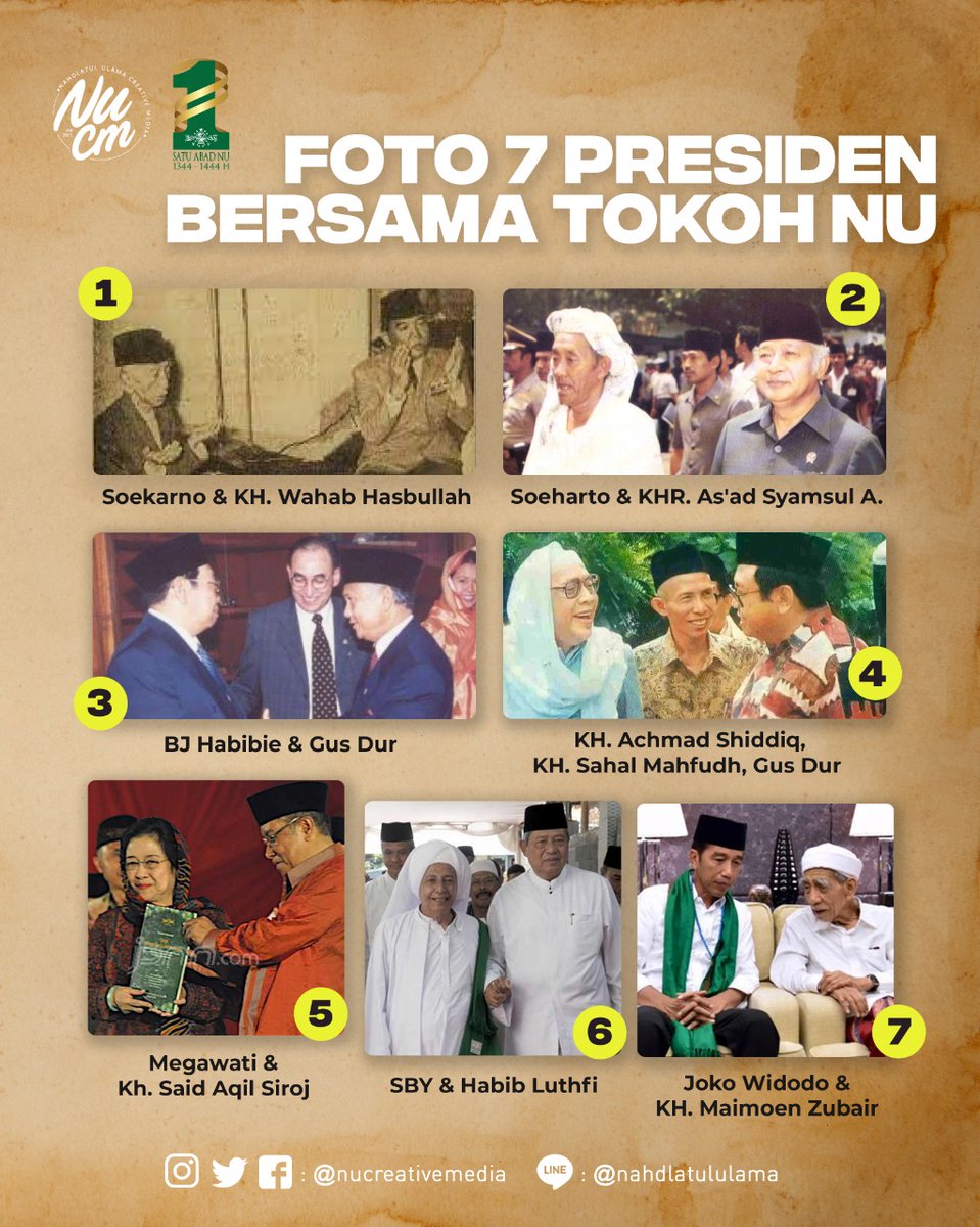 Diusianya menuju 1 Abad, Nahdlatul Ulama sudah mengalami berbagai macam kepemimpinan Presiden Republik Indonesia, berikut kami sajikan foto 7 Presiden RI bersama tokoh Nahdlatul Ulama

#NUCreativeMedia #Nahdlatululama #1AbadNu