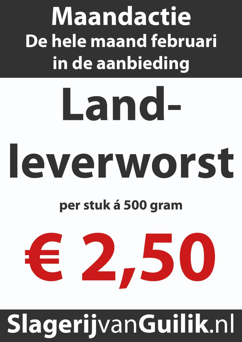 SlagerijvGuilik's tweet photo. MAANDACTIES voor februari!
Gebraden kipkluifjes per 150 gram of Indische gehaktballetjes per 100 gram, voor maar € 1,00!
4 kip gehaktballen, voor maar € 2,99!
En een landleverworst van 500 gram voor maar € 2,50 per stuk!
Bij onze slagerijen in Boni Hattem, Loosdrecht &amp; Zwolle. https://t.co/eHI4oGVjMt