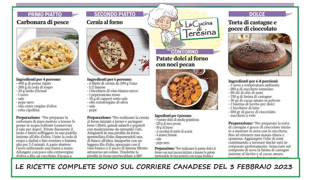 A voi un 'assaggio' delle ricette pubblicate sul Corriere Canadese di oggi... per vederle tutte, tutti i giorni, abbonatevi all'edizione cartacea o digitale: scrivete a corriere@corriere.com
#ricette #italianrecipes #cookingathome #italians