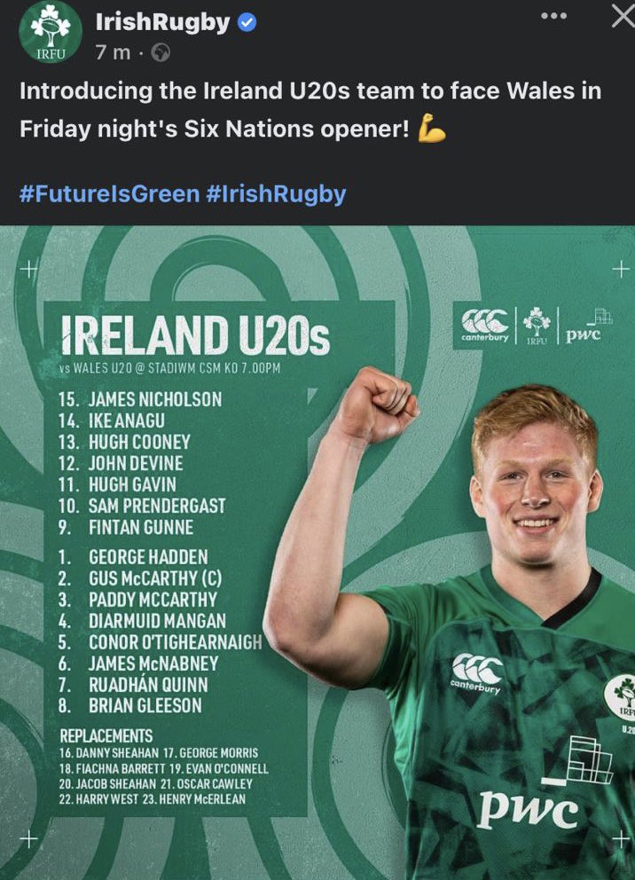 Wishing my talented nephew, Hugh Gavin the best of luck this evening in his first Six Nations Game. 💪🏻👏🏻 #futureisgreen #IrishRugby #ConnaughtAcademy
