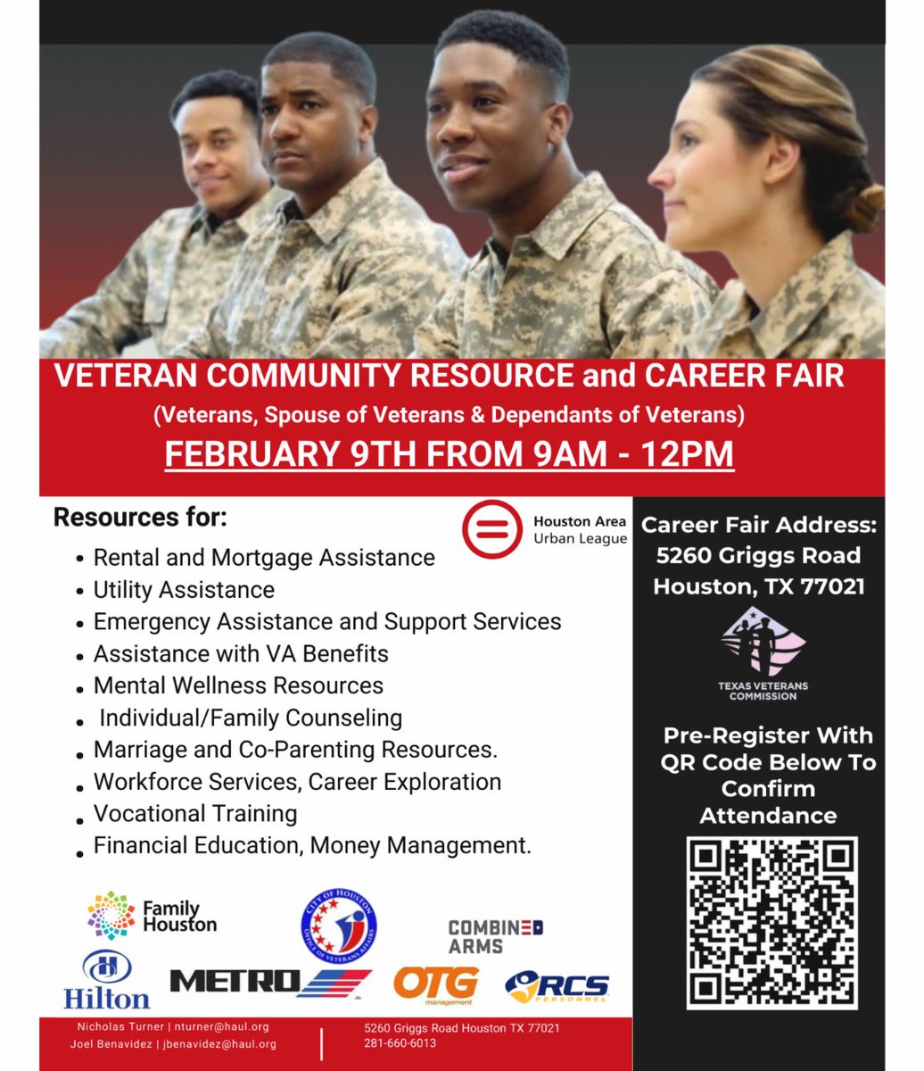 Know a veteran, spouse, or dependents needing community resources? Share HAUL's career fair, Feb 9th, 9a-12p at 5260 Griggs Rd., HOU 77021. Email Joel Benavidez, jbenavidez@haul.org/Nicholas Turner, nturner@haul.org /Call (281) 220-6013. #HAUL <a href="/haul_yp/">Houston Area Urban League of Young Professionals</a> @naturbanleague @haulgui
