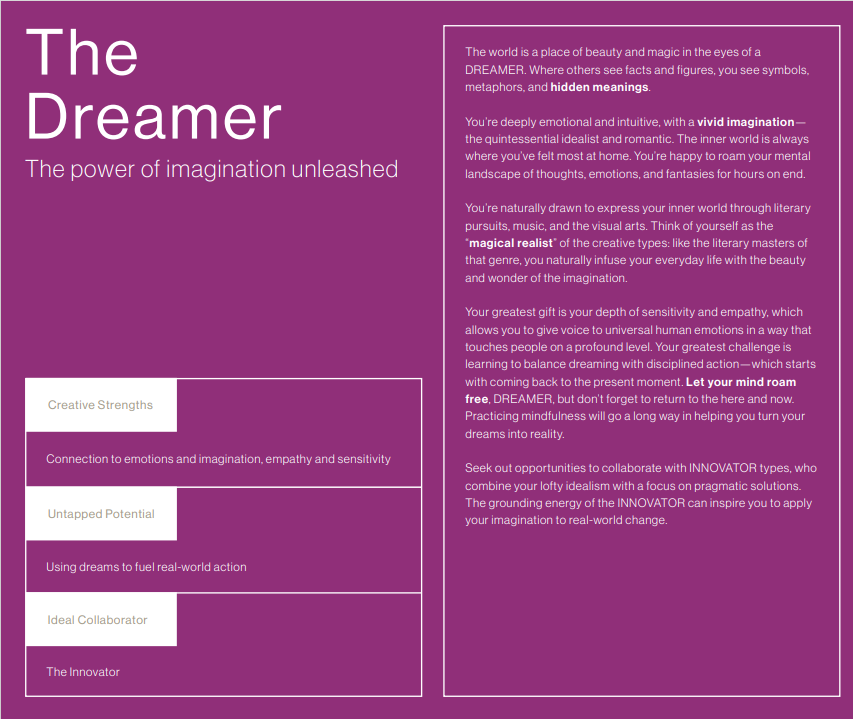JalanSakshi's tweet photo. In yesterday's Strategic Marketing Project, I discovered what type of creative  person I am. My creative type is Dreamer, and we're known for our empathy and imagination. 

Take the #mycreativetype quiz to discover your type. https://t.co/wttJIbL07R

#KnowYourSocial #MARK1051 https://t.co/DifA3qEIdp