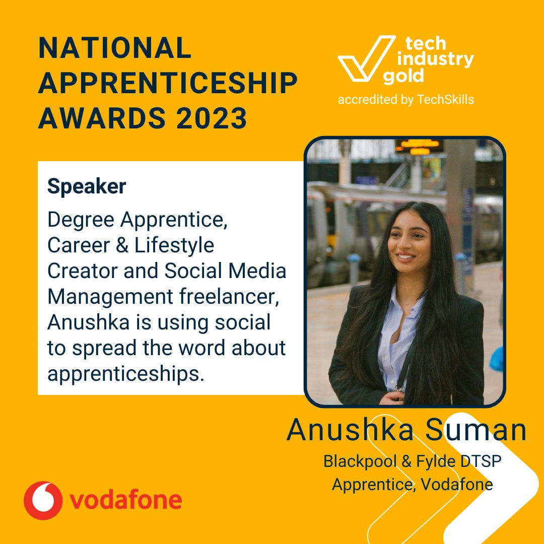 techskillsorg's tweet photo. 4️⃣ days to go!

📣 We're delighted to welcome Anushka Suman to the #TechIndustryGold National Apprenticeship Awards

🎓 Anushka is a Degree Apprentice at Vodafone &amp; social media influencer, spreading the word about the benefits of apprenticeships!

#NAA23 #NAW23 https://t.co/6w78ujKxIa