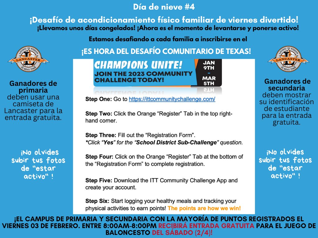 LancasterISD's tweet image. 🚨It's challenge time! We are finishing our week strong with our district-wide health challenge for students and parents! Register now so you can start the challenge today! #LISDFitTigers #TigerUp🏋️ 🏃♂️lancasterisd.org/article/986386
