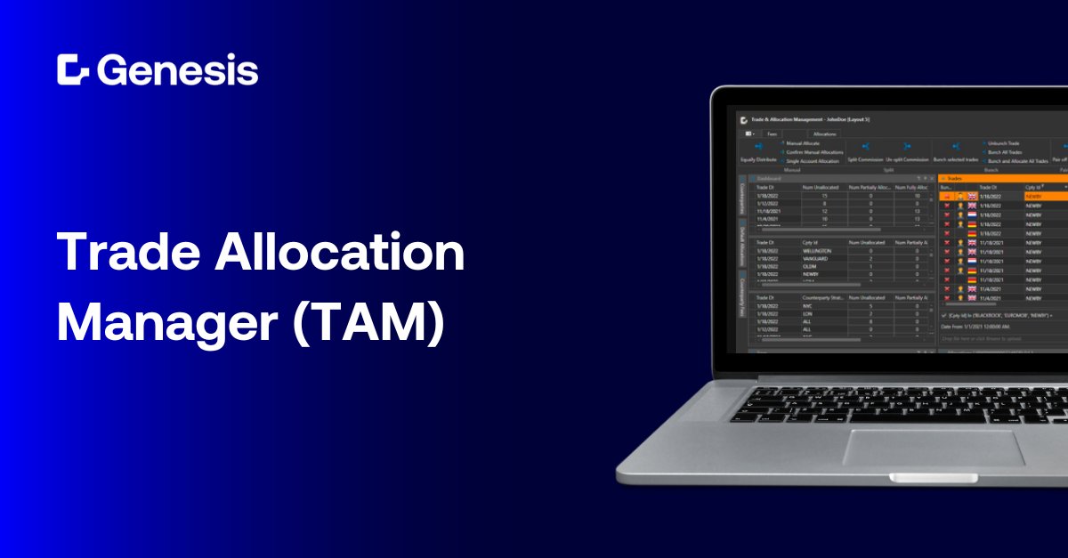GenesisGlobalX's tweet photo. The Genesis Trade Allocation Manager (#TAM) app offers seamless integration with industry-recognized #frontoffice platforms, providing a real-time centralized #middleoffice solution across multiple asset classes, markets, currencies and business entities. https://t.co/h8xv2vmXD0 https://t.co/YqDPTJqXCT