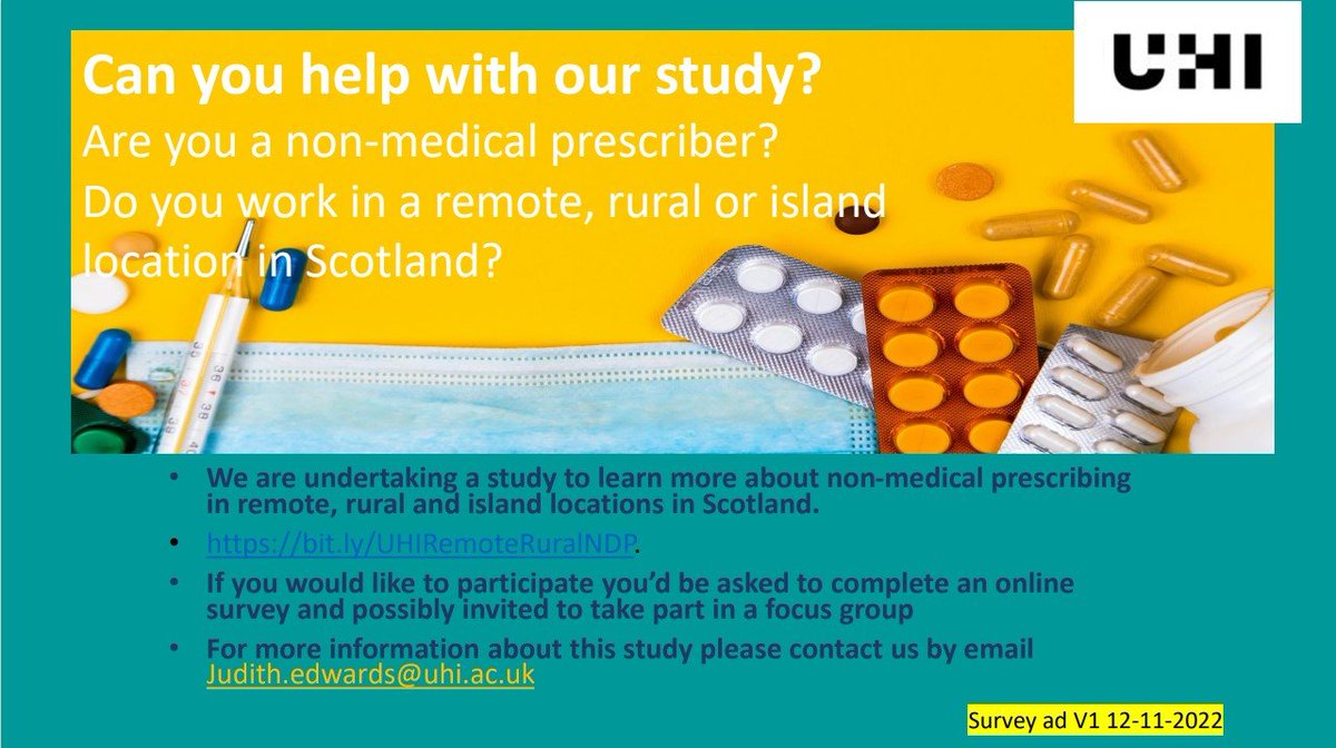 Do you work in a remote/ rural or island location in Scotland? Are you a nurse, pharmacist or AHP prescriber? Take a look at our survey exploring prescribing practice and experiences: lnkd.in/euj8pp2Z 📢📢 #prescribing #remote #rural #island #ahp #nurse #pharmacist