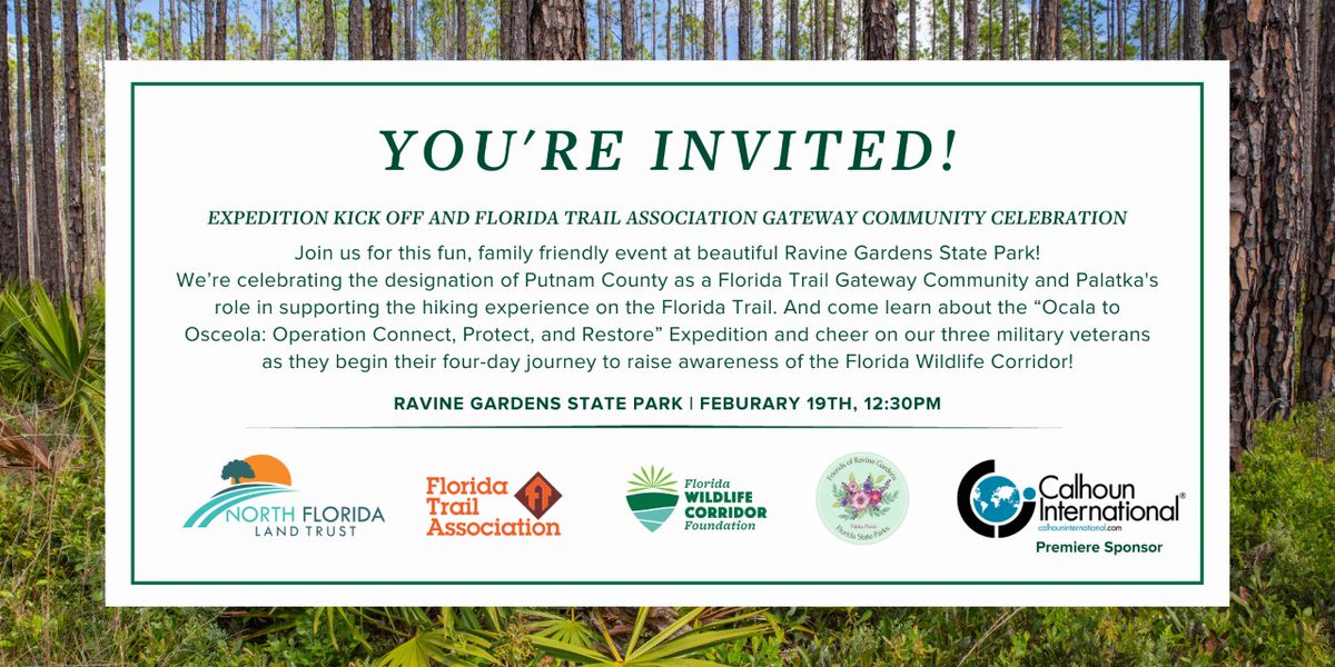 nflandtrust's tweet photo. Come learn about the “Ocala to Osceola: Operation Connect, Protect, and Restore” Expedition and cheer on our three military veterans as they begin their four-day journey to raise awareness of the Florida Wildlife Corridor!

Sign-up: https://t.co/CVLS3LR8IT https://t.co/rldwKP19yB
