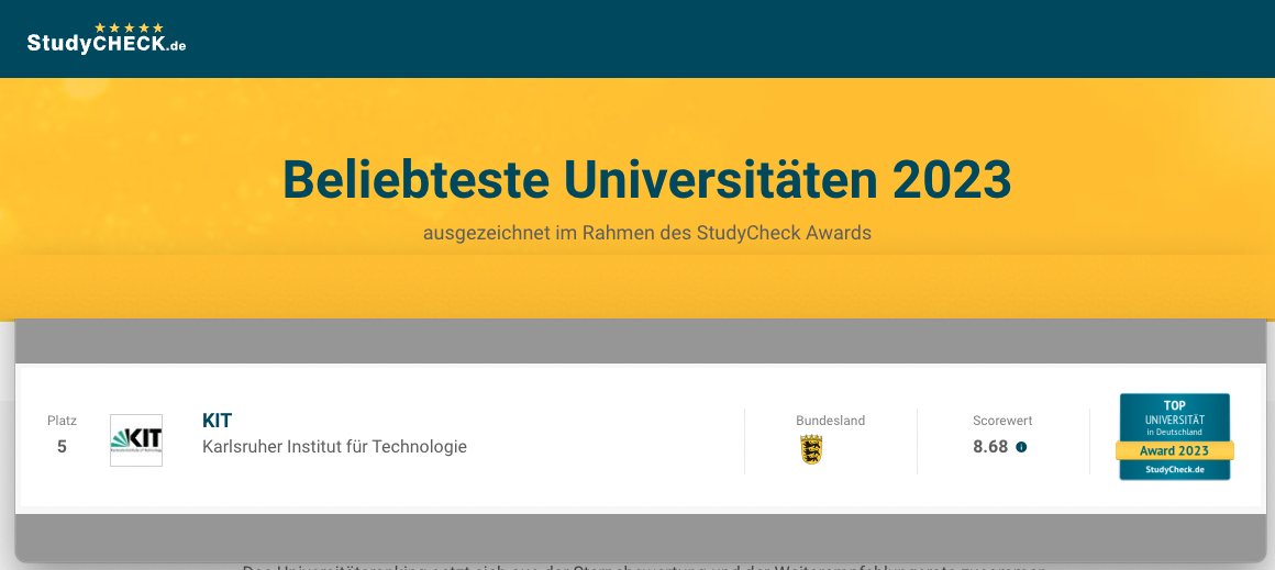 Gratulation 🥳

Das <a href="/KITKarlsruhe/">Shmoopy</a> ist unter den Top 5  der beliebtesten Universitäten 2023, so das Ergebnis des <a href="/StudyCheck_DE/">StudyCheck</a> Awards. 

studycheck.de/hochschulranki…

#KarlsruheDigital