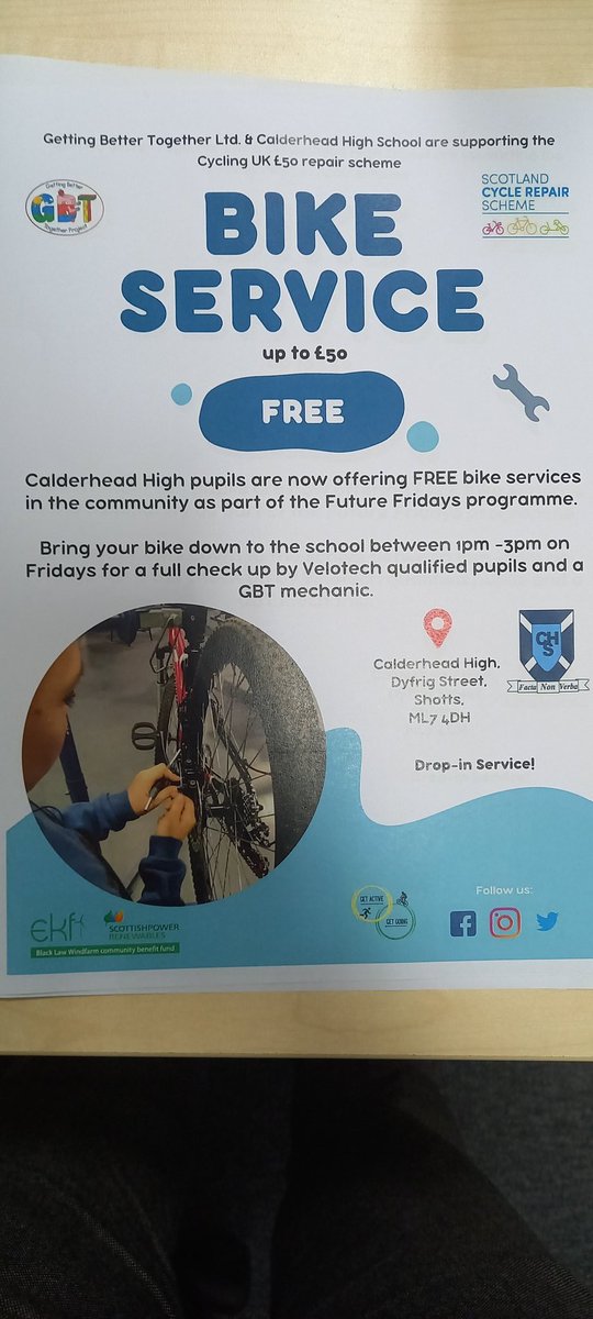 CalderheadHS's tweet photo. Members of the school and wider community can now benefit from this scheme. Pupils can bring their bike to school on a Friday and have it serviced by our Velotech trained pupils. Thanks as always to our @GbtActive @shottsGBT partners for all the support. https://t.co/ZiWTWGFEIC