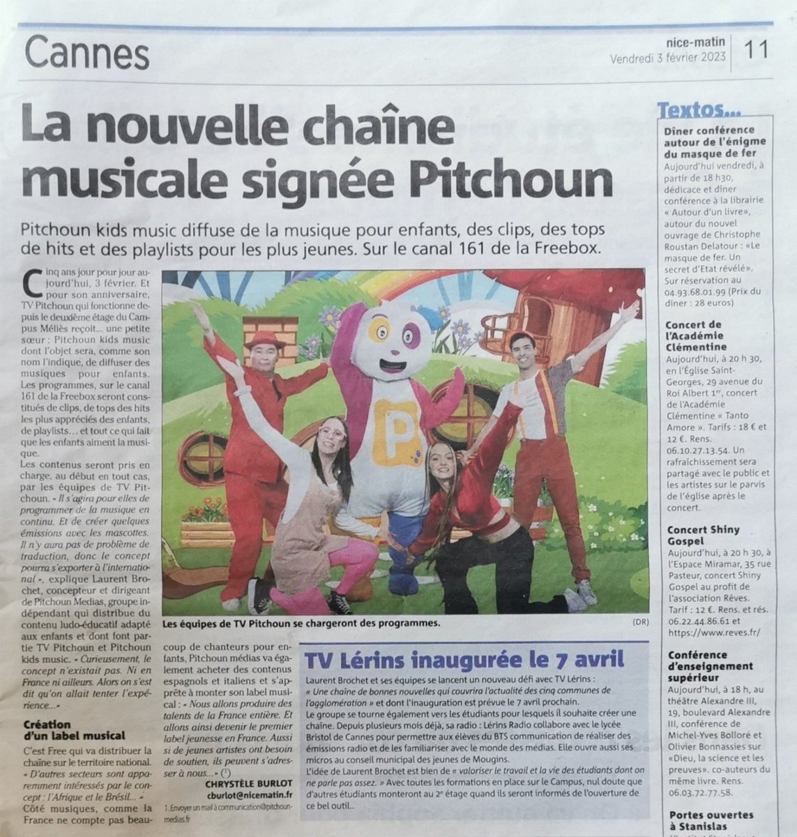 lbrochet06's tweet photo. Merci beaucoup Nice Matin pour l'article d'aujourd'hui. TV Pitchoun fête ses 5 ans (merci Orange, Bouygues, Free...), nous lançons une 2eme chaîne de TV nationale Pitchoun Kids Music avec Free canal 161 pour son lancement. @davidlisnard @TANIMichel2 @didier_vescovi @romaistre https://t.co/iCnUoqut8H