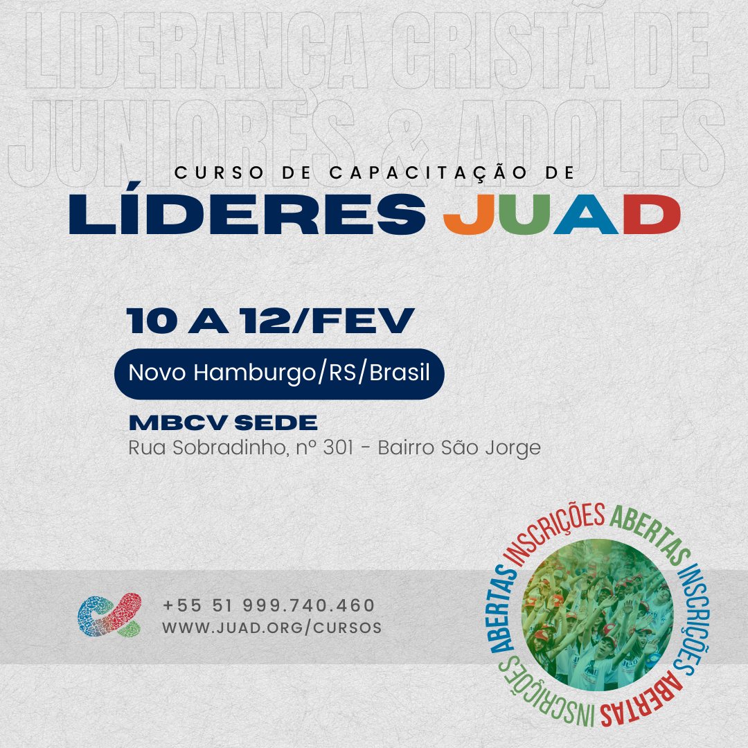 JUADGlobal's tweet photo. Tem coisa mais apaixonante do que ser LÍDER JUAD? 😍 Alô, Novo Hamburgo: curso de líderes chegando na área! 🙌 De 10 a 12/FEV vai rolar nosso curso de verão, em um único final de semana. Marque alguém que você amaria ver liderando numa base JUAD! 🧡🖤💚💙❤️💛🤎 https://t.co/olSB2e24R5
